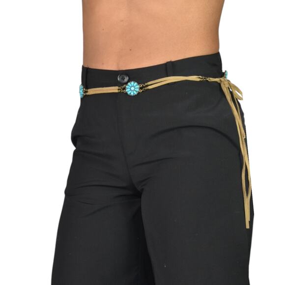 Vintage Turquoise Leather Chain Belt Western Cowgirl Medallion Concho One Size - Picture 9 of 14